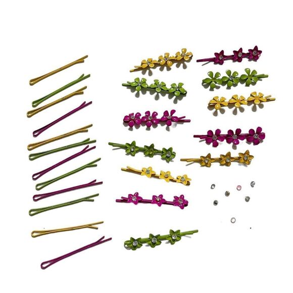 Vintage Accessories - Vintage Lot of 24 Metal Bobby Pins Colorful Rhinestone Glitter Pink Green Yellow